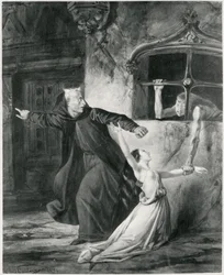 Sachette, Esmeralda og Claude Frollo, illustration til "Den pukkelryggede Notre Dame" af Victor Hugo (1802-85), 1831 (sw)