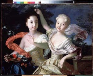 ""Portræt af storhertuginderne Anna Petrovna (1708-1728) og Elisabeth Petrovna (1709-1761) (som bliver kejserinde af Rusland under navnet Elisabeth I). Maleri af Louis Caravaque (1684-1754) 1717 State Russian Museum Sankt Petersborg