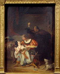 Ærkediakon Frollo og Esmeralda, Phoebus og Esmeralda omfavnede; bag Phoebus ses Claude Frollo med en dolk for at dræbe sin rival i sigøjnerkvindens hjerte. Illustration til 