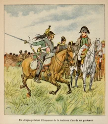 Illustration af Bombled Louis (1862-1927) efter grev Emmanuel de Las Cases (1766-1842): En drage advarer kejseren om en af hans generals forræderi i slaget ved Waterloo i juni 1815, Private Collection