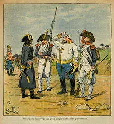 Illustration af Bombled Louis (1862-1927) fra grev Emmanuel de Las Cases (1766-1842): Under det italienske felttog forhører Bonaparte en østrigsk fangeofficer, privat samling