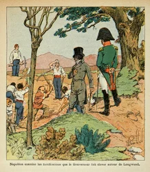 Illustration af Bombled Louis (1862-1927) fra grev Emmanuel de Las Cases "The Memorial of Saint Helene" (1766-1842): Napoleon undersøger de befæstninger, som guvernør Hudson Lowe (1769-1844) rejste omkring Longwood, privat samling