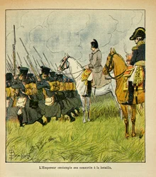 Illustration af Bombled Louis (1862-1927) fra bogen "The Memorial of Saint Helene" af grev Emmanuel de Las Cases (1766-1842): Kejser Napoleon overvejer sine værnepligtige under et slag, Privatsamling