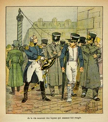 Illustration af Bombled Louis (1862-1927) fra bogen "The Memorial of Saint Helene" af Grev Emmanuel de Las Cases (1766-1842): En tidligere officer fra Napoleon, under restaurering, opfordrer tidligere værnepligtige til at afvise det kejserlige regime, Delv