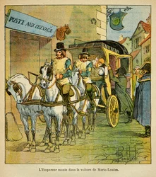 Illustration af Bombled Louis (1862-1927) fra bogen "The Memorial of Saint Helene" af Grev Emmanuel de Las Cases (1766-1842): Kejser Napoleon kører i bilen for at møde sin kone Marie Louise i 1810, Privatsamling