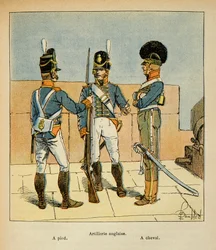 Illustration af Bombled Louis (1862-1927) fra bogen "The Memorial of Saint Helene" af Grev Emmanuel de Las Cases (1766-1842): Engelsk Artilleri: Til fods; Til hest, Privat Samling