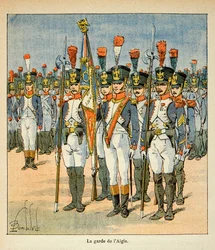 Illustration af Bombled Louis (1862-1927) fra bogen "The Memorial of Saint Helene" af grev Emmanuel de Las Cases (1766-1842): The Guard of the Eagle (skabt af Napoleon for at beskytte flaget), Privat samling