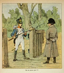 Illustration af Bombled Louis (1862-1927) fra bogen "The Memorial of Saint Helene" af Grev Emmanuel de Las Cases (1766-1842): Napoleon besøger visse poster på tærsklen til et slag standset af en vagt, Privatsamling