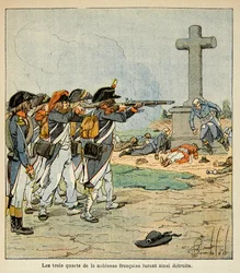 Illustration af Bombled Louis (1862-1927) fra bogen "The Memorial of Saint Helene" af grev Emmanuel de Las Cases (1766-1842): Des Chouans Shootout under Vendee-krigen, privat samling