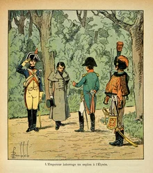 Illustration af Bombled Louis (1862-1927) fra bogen "The Memorial of Saint Helene" af Grev Emmanuel de Las Cases (1766-1842): Kejser Napoleon forhører en spion i Elysee, Privatsamling