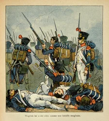 Illustration af Bombled Louis (1862-1927) fra bogen "The Memorial of Saint Helene" af Grev Emmanuel de Las Cases (1766-1842): Grognards at the Battle of Wagram, Private Collection