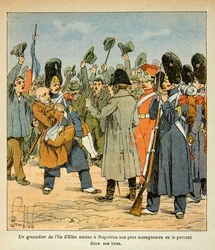 Illustration af Bombled Louis (1862-1927) fra bogen "The Memorial of Saint Helene" af grev Emmanuel de Las Cases (1766-1842): En grenadier bringer sin ikke-aldrende far til Napoleon ved at bære ham i sine arme, da han vender tilbage fra Elba-øen, menig obe