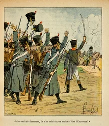 Illustration af Bombled Louis (1862-1927) fra bogen "The Memorial of Saint Helene" af greve Emmanuel de Las Cases (1766-1842): Tropperne hyldes til kejser Napoleon, privat samling