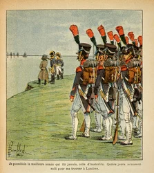 Illustration af Bombled Louis (1862-1927) fra bogen "The Memorial of Saint Helene" af Grev Emmanuel de Las Cases (1766-1842): The Great Armee in Boulogne, Kejser Napoleon overvejer det England, han ønsker at invadere, Privat Samling