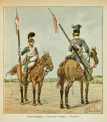 Illustration af Bombled Louis (1862-1927) fra bogen "The Memorial of Saint Helene" af Grev Emmanuel de Las Cases (1766-1842): Gardens lette heste: fransk og polsk Lancier, privat samling