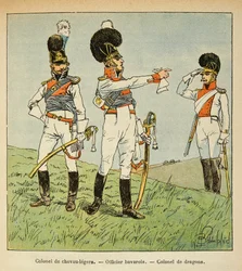 Illustration af Bombled Louis (1862-1927) fra bogen "The Memorial of Saint Helene" af Grev Emmanuel de Las Cases (1766-1842): Bavarian Military: Oberst af Light Horses; bayersk officer; Oberst af Dragons, privat samling