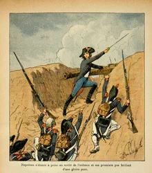 Illustration af Bombled Louis (1862-1927) fra bogen "The Memorial of Saint Helene" af grev Emmanuel de Las Cases (1766-1842);: Bonaparte angriber i spidsen for sine tropper, privat samling