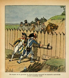 Illustration af Bombled Louis (1862-1927) fra bogen "The Memorial of Saint Helene" af Grev Emmanuel de Las Cases (1766-1842): Under det italienske felttog genkendte en sergent fra garnisonen St George de østrigske husarer med deres nye frakker, Pr