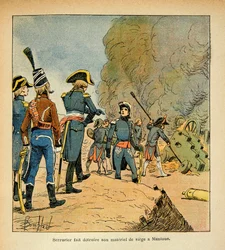 Illustration af Bombled Louis (1862-1927) fra bogen "The Memorial of Saint Helene" af grev Emmanuel de Las Cases (1766-1842): Låsesmed får sine våben ødelagt i hovedkvarteret i Mantua, privat samling