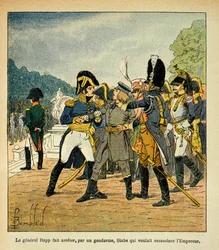 Illustration af Louis Bombled (1862-1927) fra bogen „Mindesmærket fra Sankt Helena“ af grev Emmanuel de Las Cases (1766-1842): General Rapp lader den unge Stabs, som ville myrde kejser Napoleon, arrestere af en gendarm, Samling Partial