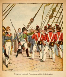 Illustration af Bombled Louis (1862-1927) fra bogen "The Memorial of Saint Helene" af Grev Emmanuel de Las Cases (1766-1842): Kejser Napoleon kommanderer øvelsen til de engelske soldater ombord på Bellerophon, Private Collection