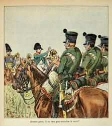 Illustration af Bombled Louis (1862-1927) fra bogen "The Memorial of Saint Helene" af Grev Emmanuel de Las Cases (1766-1842): Napoleon harangue the troppers, Private Collection