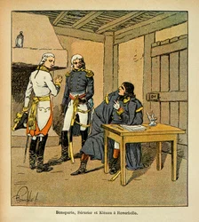 Illustration af Bombled Louis (1862-1927) fra bogen "The Memorial of Saint Helene" af Grev Emmanuel de Las Cases (1766-1842): Bonaparte, Jean Mathieu Philibert Serrurier (1742-1819) og Johann von Klenau (1758-1819) ) i Roverbello under den italienske Ca