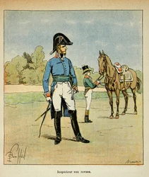 Illustration af Bombled Louis (1862-1927) fra bogen "The Memorial of Saint Helene" af Grev Emmanuel de Las Cases (1766-1842): Portræt af en inspektør i magasiner, Privat samling