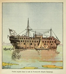 Illustration af Bombled Louis (1862-1927) fra bogen "The Memorial of Saint Helene" af grev Emmanuel de Las Cases (1766-1842): Engelsk ponton i havnen i Portsmouth, der tjente som fængsel for franskmænd, Private Collection