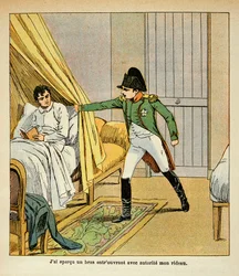 Illustration af Bombled Louis (1862-1927) fra bogen "The Memorial of Saint Helene" af Grev Emmanuel de Las Cases (1766-1842): Napoleon vækker Las Cases i sengen på St. Helene, Privat Samling