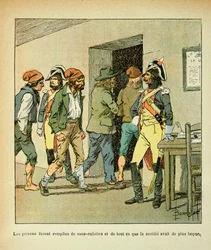 Illustration af Bombled Louis (1862-1927) fra bogen "The Memorial of Saint Helene" af Grev Emmanuel de Las Cases (1766-1842): Under den franske revolution blev fængslerne fyldt, Privat samling