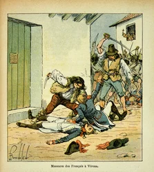 Illustration af Bombled Louis (1862-1927) fra bogen "The Memorial of Saint Helene" af grev Emmanuel de Las Cases (1766-1842): Massakre på franske soldater i Verona, privat samling