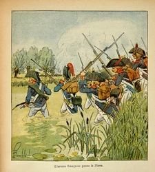 Illustration af Bombled Louis (1862-1927) fra bogen "The Memorial of Saint Helene" af grev Emmanuel de Las Cases (1766-1842): Den franske Armee passerer Piave under den italienske kampagne, privat samling
