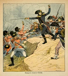 Illustration af Bombled Louis (1862-1927) fra bogen "The Memorial of Saint Helene" af grev Emmanuel de Las Cases (1766-1842): Bonaparte sår ved sædet i Toulon, privat samling