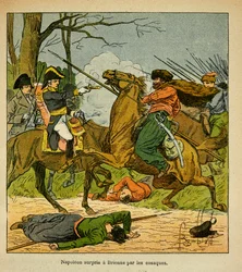 Illustration af Bombled Louis (1862-1927) fra bogen "The Memorial of Saint Helene" af grev Emmanuel de Las Cases (1766-1842): Napoleon overrasket i Brienne af kosakker, privat samling
