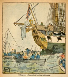 Illustration af Bombled Louis (1862-1927) fra bogen "The Memorial of Saint Helene" af grev Emmanuel de Las Cases (1766-1842): Kejser Napoleon ombord på Bellerophon ankom til Plymouth i 1815, privat samling