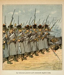 Illustration af Bombled Louis (1862-1927) fra bogen "The Memorial of Saint Helene" af Grev Emmanuel de Las Cases (1766-1842): Franskmændene under slaget ved Lutzen i 1813, privat samling