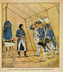 Illustration af Bombled Louis (1862-1927) fra bogen "The Memorial of Saint Helene" af grev Emmanuel de Las Cases (1766-1842): De gamle soldater i den italienske hær udnævnte Bonaparte til korporal efter slaget ved Lodi i 1796, Private Collection