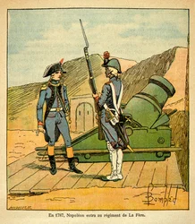 Illustration af Bombled Louis (1862-1927) fra bogen "The Memorial of Saint Helene" af grev Emmanuel de Las Cases (1766-1842): I 1787 blev Napoleon Bonaparte indskrevet i regimentet La Fere som sekondløjtnant, Private Collection