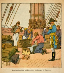 Illustration af Bombled Louis (1862-1927) fra bogen "The Memorial of Saint Helene" af grev Emmanuel de Las Cases (1766-1842): Den engelske admirut foretager en opgørelse over kejser Napoleons bagage før hans afrejse til Sankt Helene i 1815, Priva