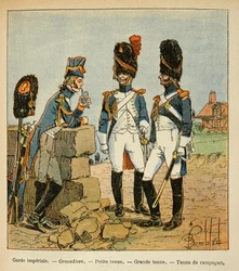 Illustration af Bombled Louis (1862-1927) fra bogen "The Memorial of Saint Helene" af Grev Emmanuel de Las Cases (1766-1842): Kejsergardens grenaderer: Lille outfit; stort outfit og country outfit, Privat samling