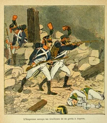 Illustration af Bombled Louis (1862-1927) fra bogen "The Memorial of Saint Helene" af Grev Emmanuel de Las Cases (1766-1842): Kejser Napoleon sendte sin vagt til Aspern under slaget ved Essling