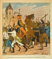 Illustration af Bombled Louis (1862-1927) fra bogen "The Memorial of Saint Helene" af grev Emmanuel de Las Cases (1766-1842): Parlamentarikeren i Marechal Lannes mishandlet af befolkningen i Wien, privat samling