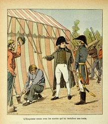 Illustration af Bombled Louis (1862-1927) fra bogen "The Memorial of Saint Helene" af grev Emmanuel de Las Cases (1766-1842): Kejser Napoleon taler med matroserne, der har rejst et telt for ham, Private Collection