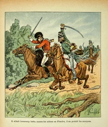 Illustration af Bombled Louis (1862-1927) fra bogen "The Memorial of Saint Helene" af Grev Emmanuel de Las Cases (1766-1842): Kamp mellem franske og engelske ryttere, Privat samling