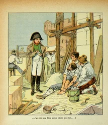 Illustration af Bombled Louis (1862-1927) fra bogen „Mindesmærket fra Sankt Helena“ af grev Emmanuel de Las Cases (1766-1842): På øen Elba faldt en murer, der arbejdede på bygninger beordret af kejseren. Napoleon forsøgte at trøste ham og sagde