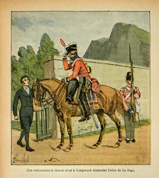 Illustration af Bombled Louis (1862-1927) fra bogen "The Memorial of Saint Helene" af grev Emmanuel de Las Cases (1766-1842): En ordinance til en hest kommer til Longwood og beder om atlaset over Le Sage, Collection Partial