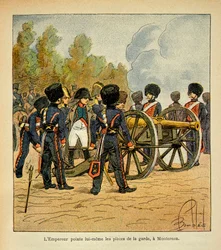 Illustration af Bombled Louis (1862-1927) fra bogen "The Memorial of Saint Helene" af Grev Emmanuel de Las Cases (1766-1842): Kejser Napoleon retter selv vagtens kanoner mod slaget ved Montereau, privatsamling