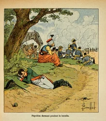 Illustration af Bombled Louis (1862-1927) fra bogen "The Memorial of Saint Helene" af Grev Emmanuel de Las Cases (1766-1842): Kejser Napoleon sover under slaget, Privat Samling