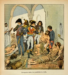 Illustration af Bombled Louis (1862-1927) fra bogen "The Memorial of Saint Helene" af grev Emmanuel de Las Cases (1766-1842): Bonaparte besøger pestiferes i Jaffa, privat samling